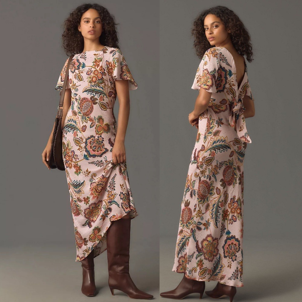 NWT Anthropologie x Kachel Flutter-Sleeve Slip Dress 16W Pink Paisley Floral